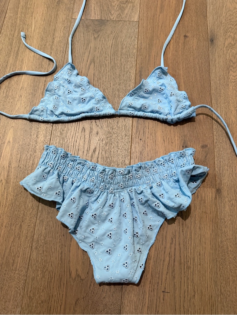Frankie’s Bikinis x Gigi Hadid collab Light Blue Eyelet Ruffle bikini